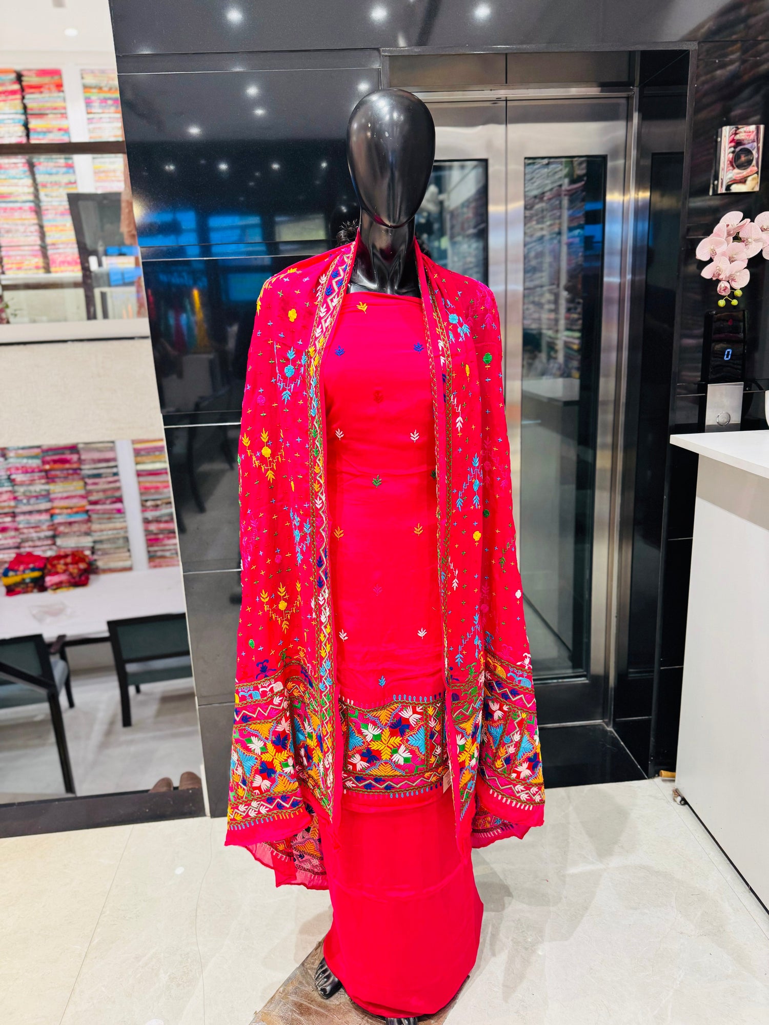 Exclusive phulkari suit with tool embroidery